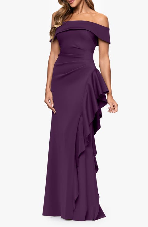 Ruffle Off the Shoulder Scuba Knit Gown