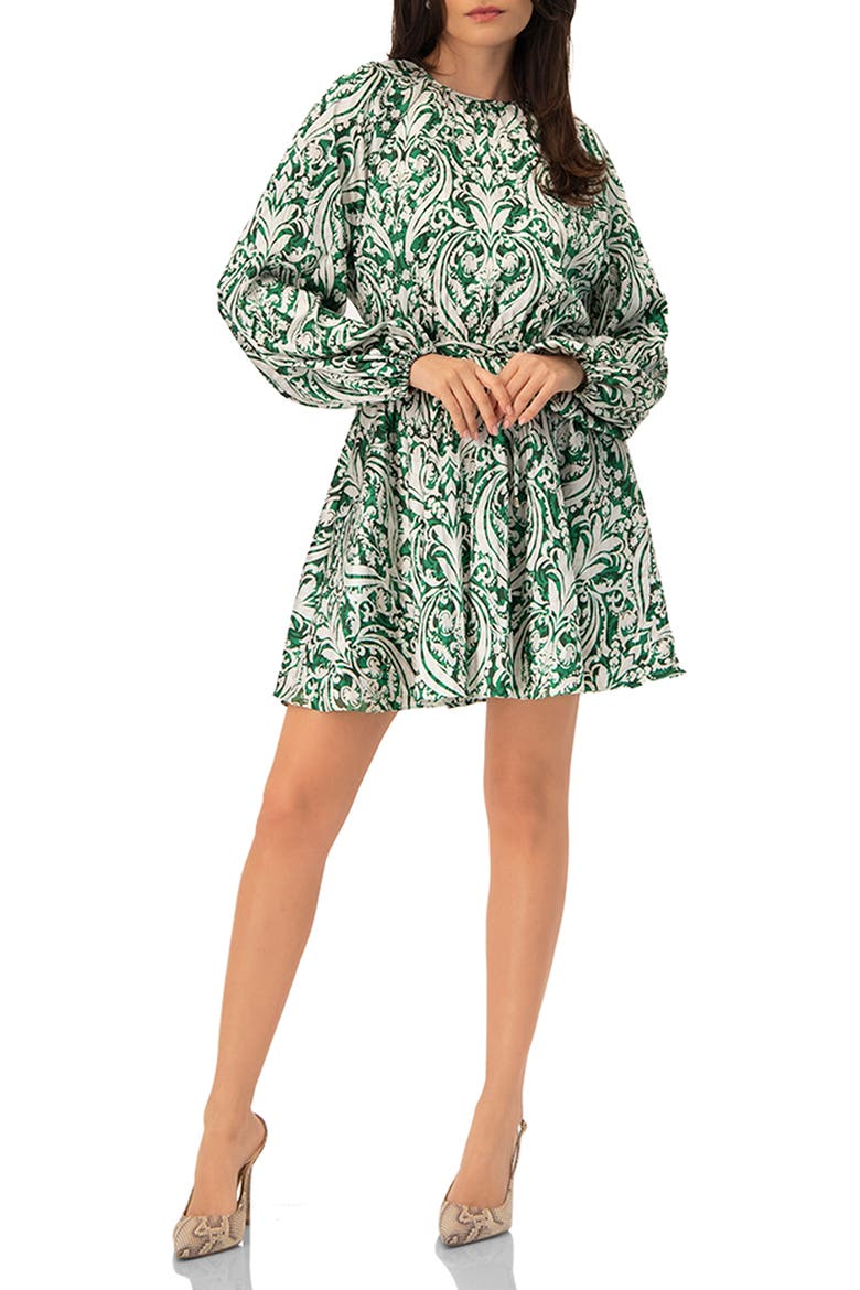 Baroque Print Mini Dress with Belted Waist, Alternate, color, Green
