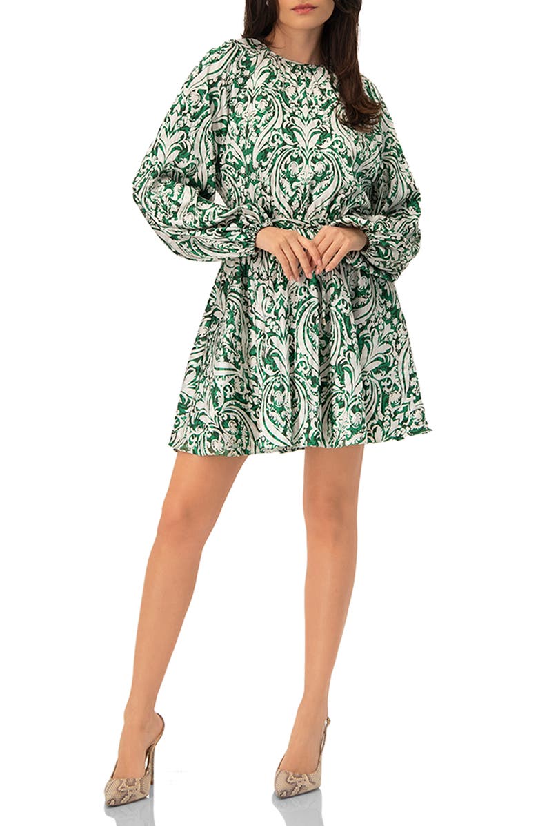 IVONNE Baroque Print Mini Dress with Belted Waist, Alternate, color, Green
