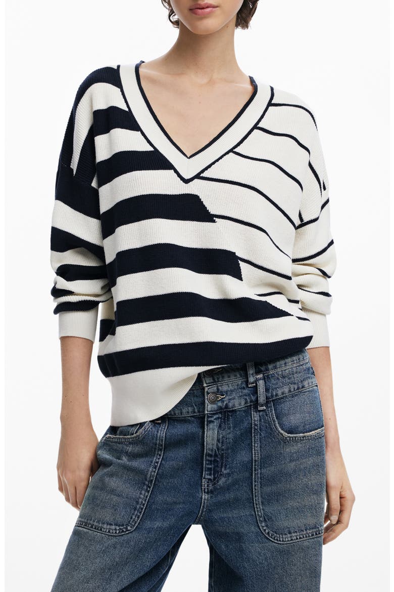 Variegated Stripe V-Neck Sweater, Main, color, WHITE