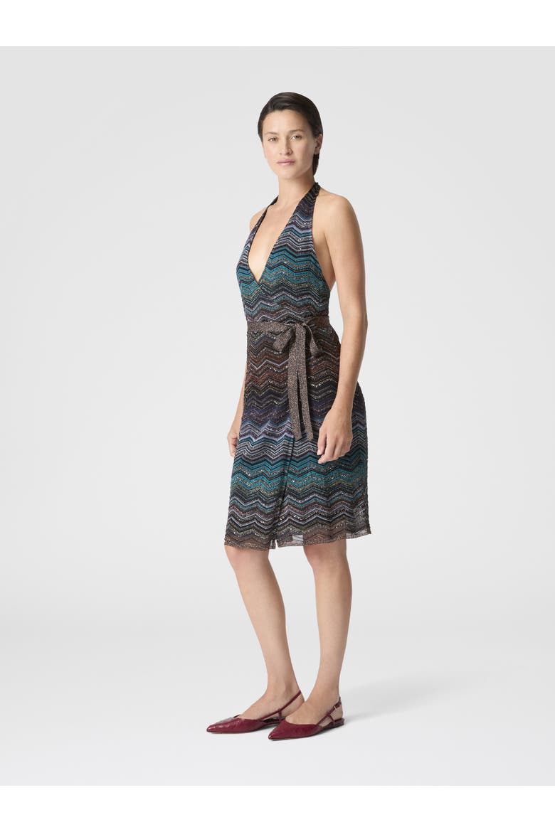 Longuette Dress With Halterneck And Belt, Alternate, color, Dark Blue