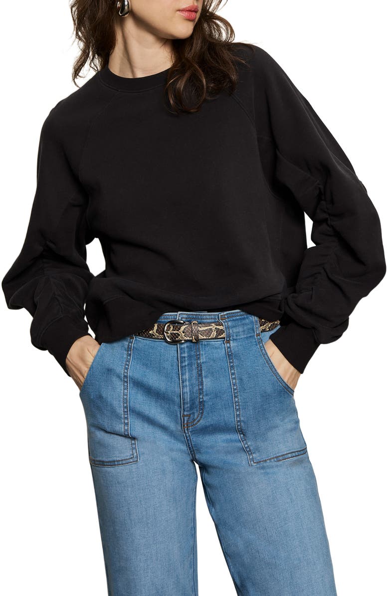 Sanctuary Gathered Sleeve Sweatshirt, Main, color, Black