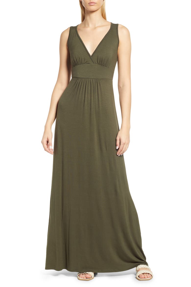 V-Neck Jersey Maxi Dress, Main, color, OLIVE