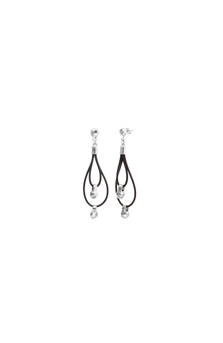 UNODE50 Double long leather earrings with sterling silver-plated dial detail, Main, color, Silver
