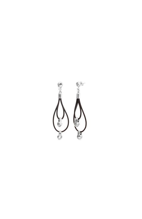 Double long leather earrings with sterling silver-plated dial detail