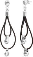 UNODE50 Double Long Leather Earrings with Sterling silver-plated Dial Detail