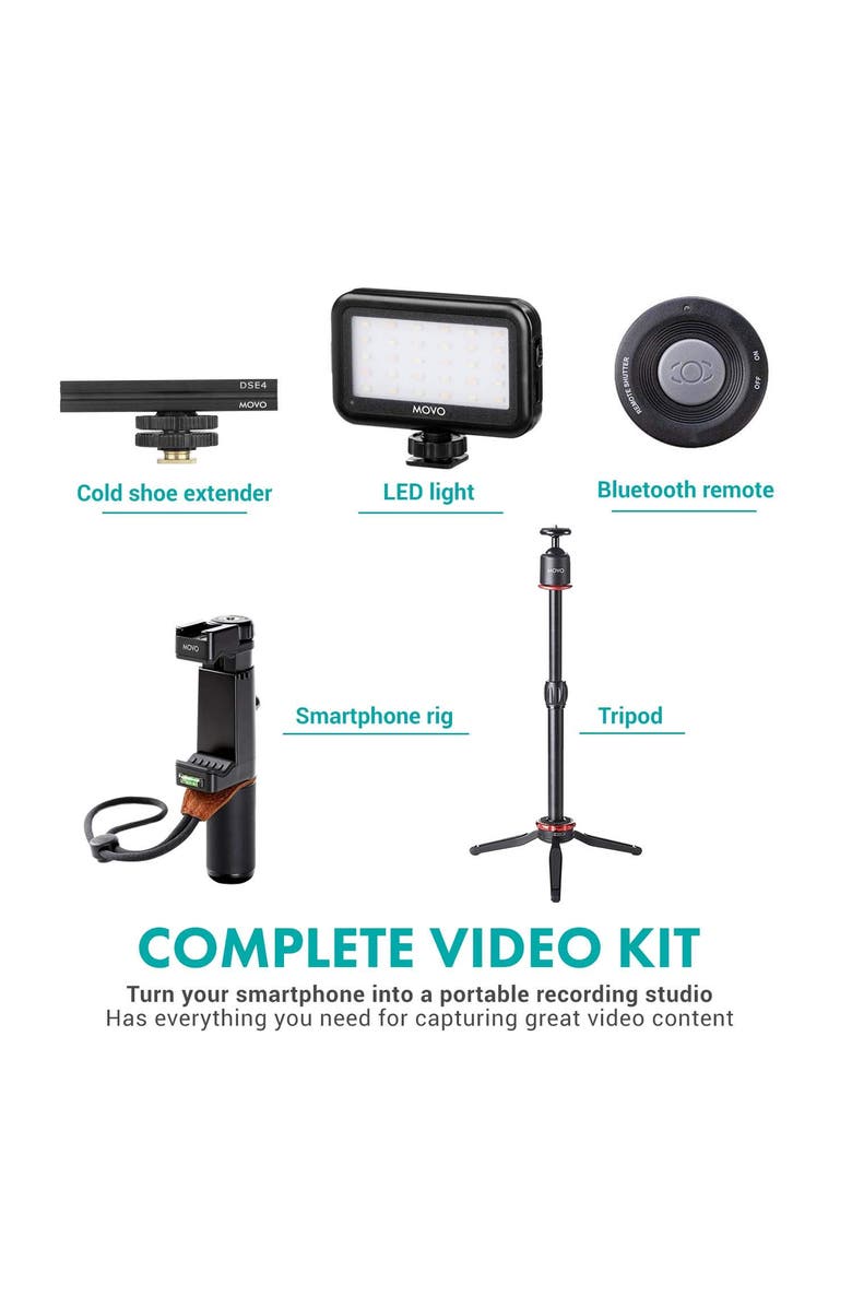 MOVO V8 Huge Vlogging Kit for iPhone with Tripod, Grip, Microphones, LED Lights, and Wireless Remote, Alternate, color, Black