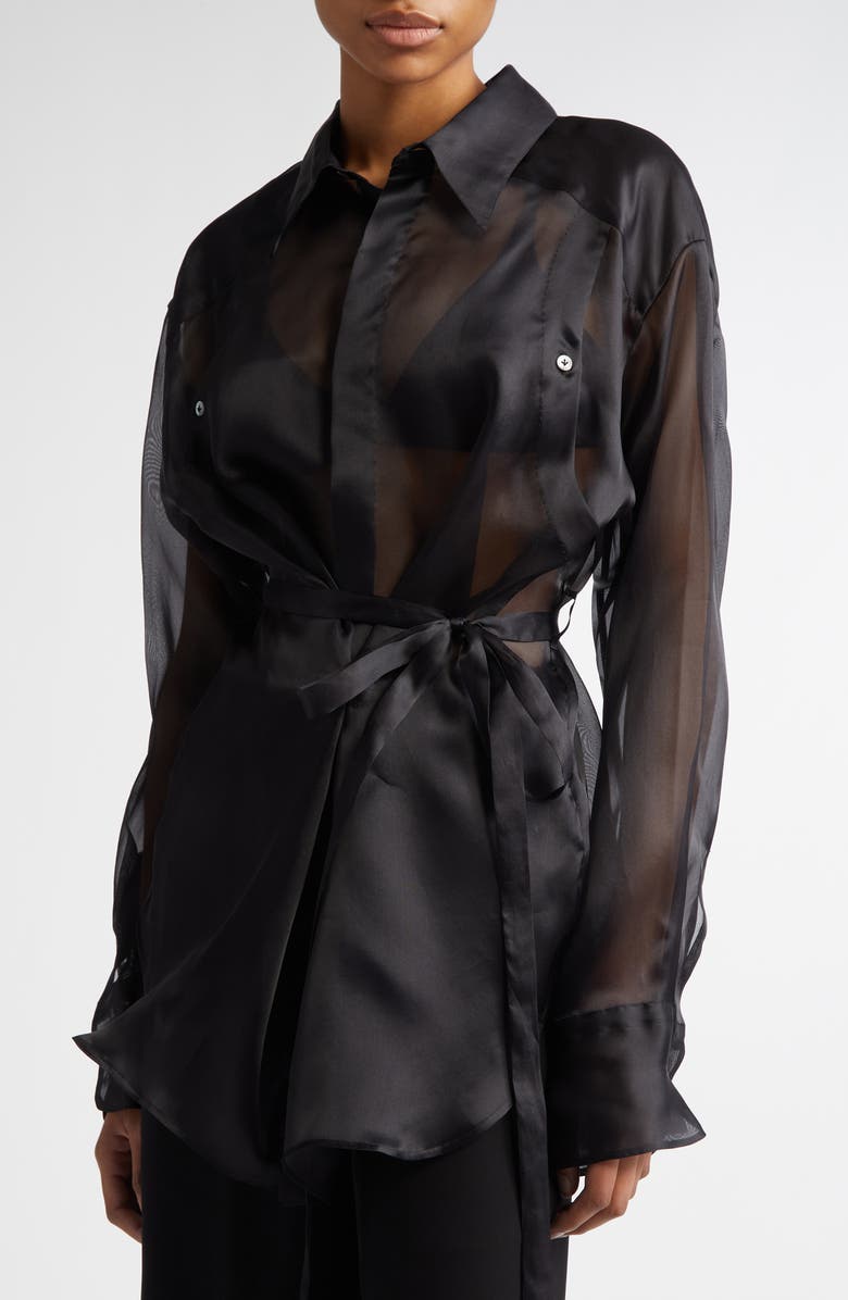 SETCHU Geisha Belted Silk Organza Shirt, Alternate, color, Black