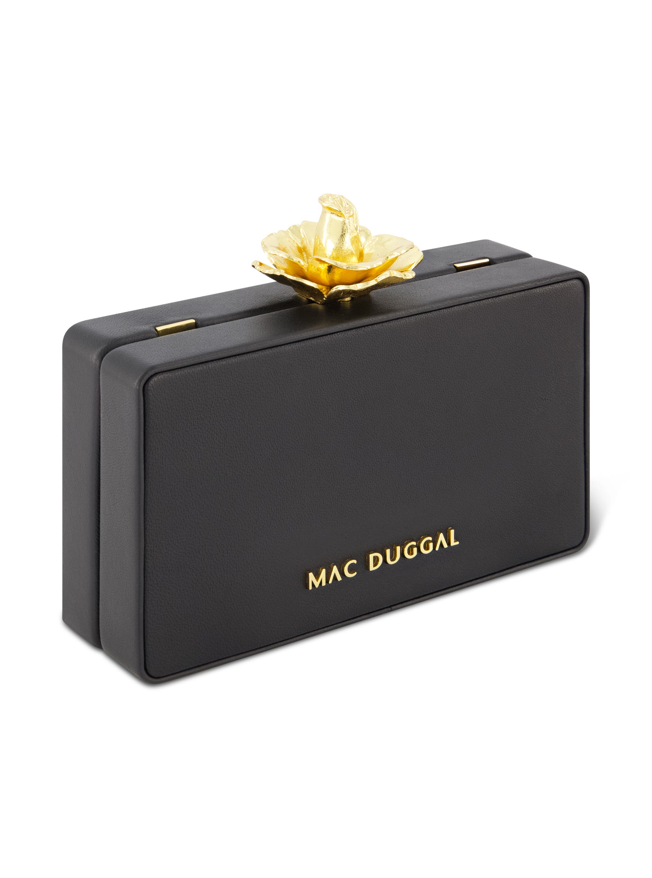 Mac Duggal Nappa Leather Gold Rose Detail Box Clutch Bag, Alternate, color, 