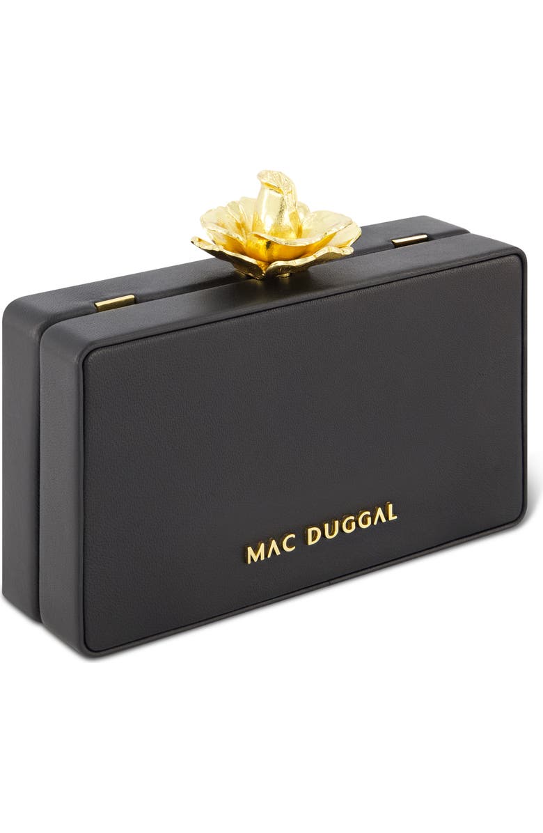 Mac Duggal Nappa Leather Gold Rose Detail Box Clutch Bag, Alternate, color,