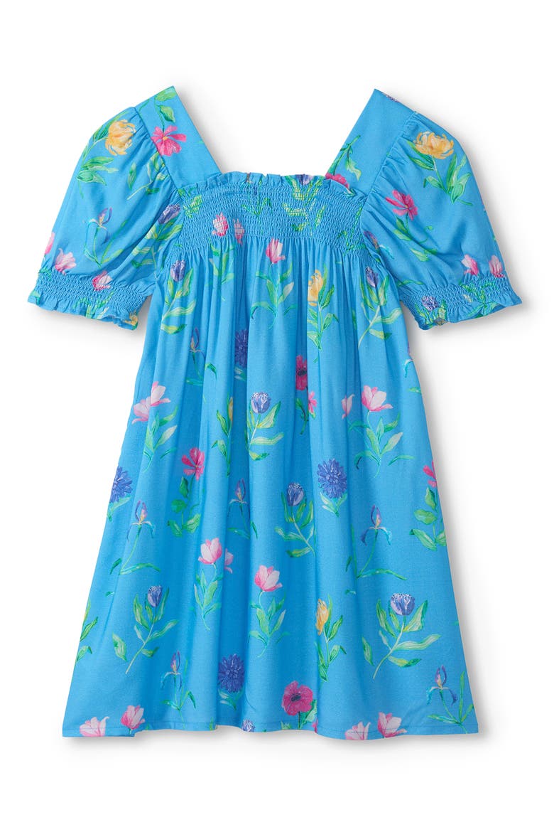 Kids' Floral Print Smocked Dress, Alternate, color, BONNIE BLUE
