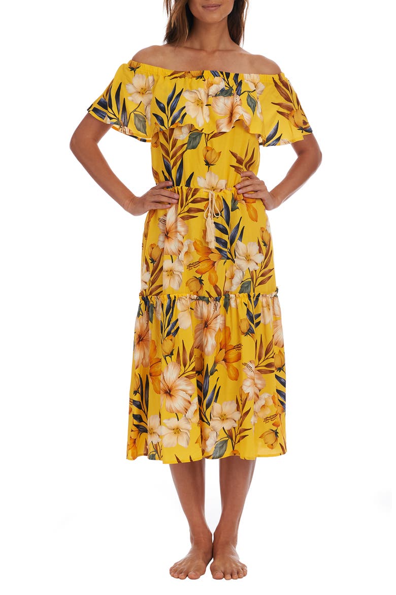 Belle Off the Shoulder Tiered Midi Dress, Main, color, MARIGOLD