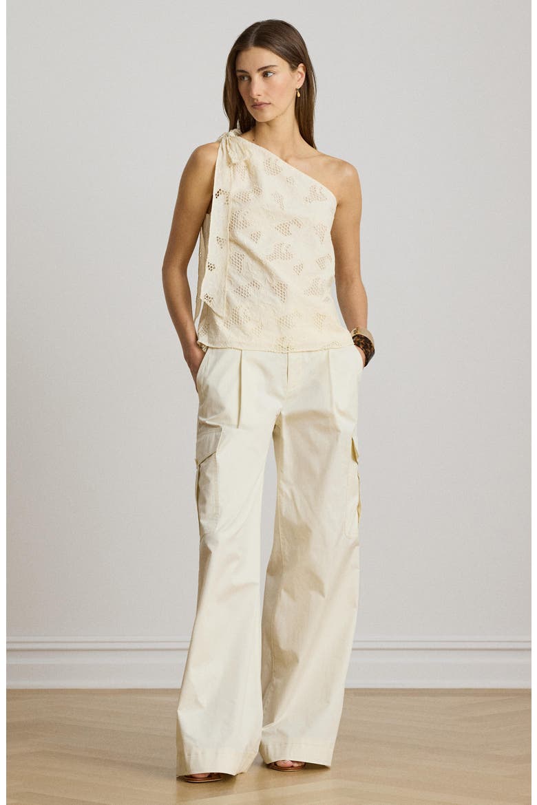 Floral Eyelet Embroidered One Shoulder Cotton Voile Top, Alternate, color, MASCARPONE CREAM