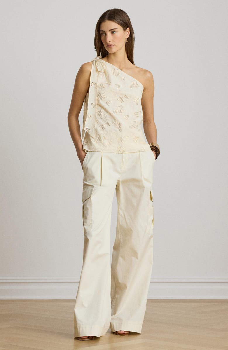 Lauren Ralph Lauren Floral Eyelet Embroidered One Shoulder Cotton Voile Top, Alternate, color, Mascarpone Cream