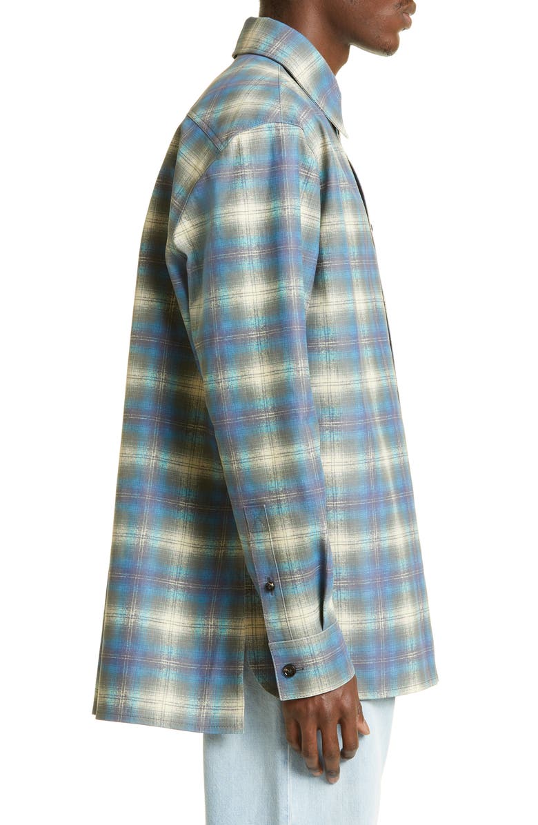 Bottega Veneta Plaid Flannel Print Leather Shirt Jacket, Alternate, color, 4116 Multi Light Blue