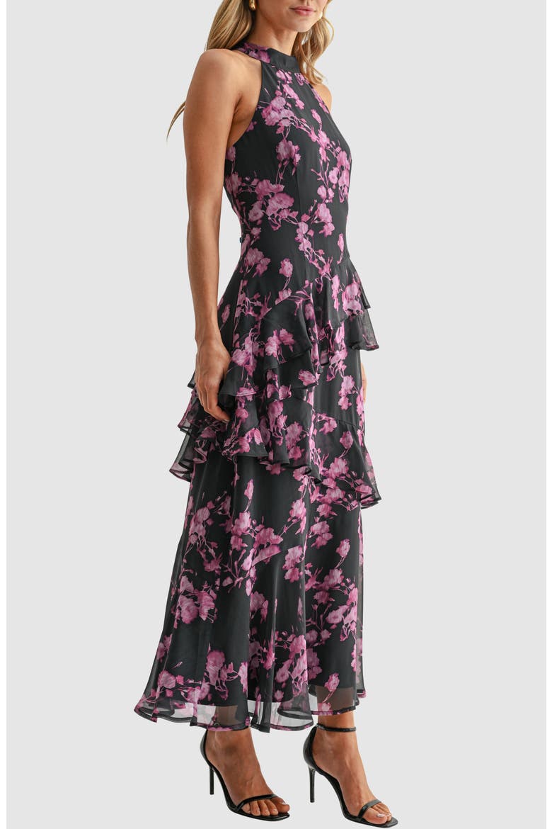 Floral Halter Neck Ruffled Maxi Dress, Alternate, color, BLACK FUCHSIA