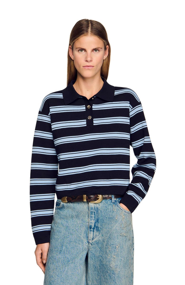 SANDRO Striped polo sweater, Alternate, color, Navy Blue
