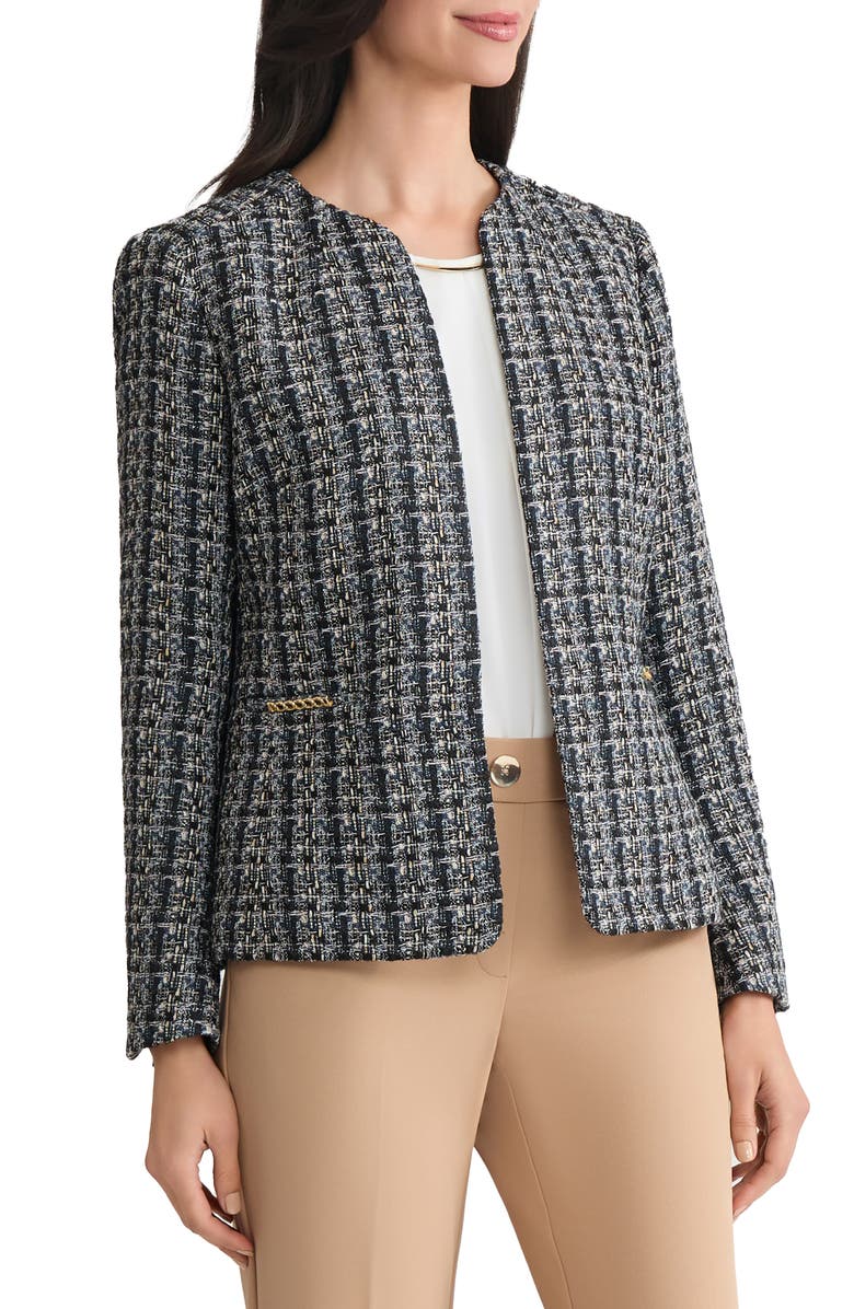 KASPER Tweed Collarless Blazer, Alternate, color, Blue Night Multi