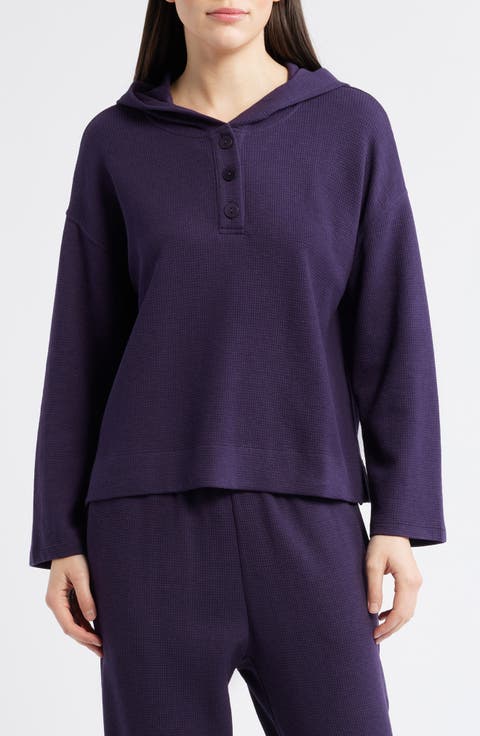 Hooded Cotton Blend Thermal Knit Top