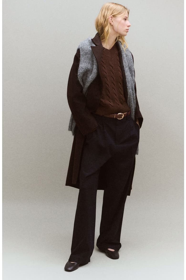 Cable V-Neck Sweater, Alternate, color, BROWN