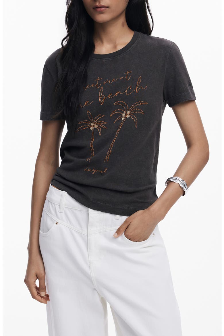At the Beach Embroidered Cotton T-Shirt, Main, color, BLACK