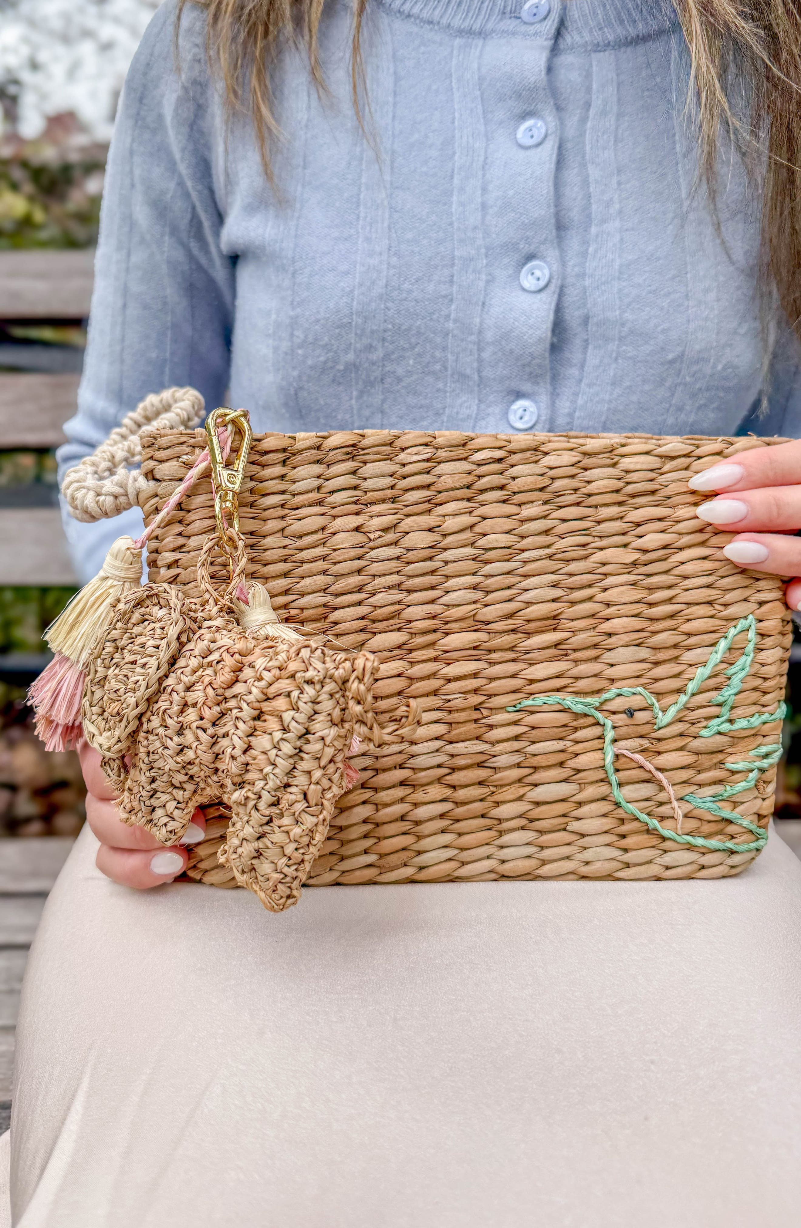 LIKHA Elephant Raffia Bag Charm, Alternate, color, Brown
