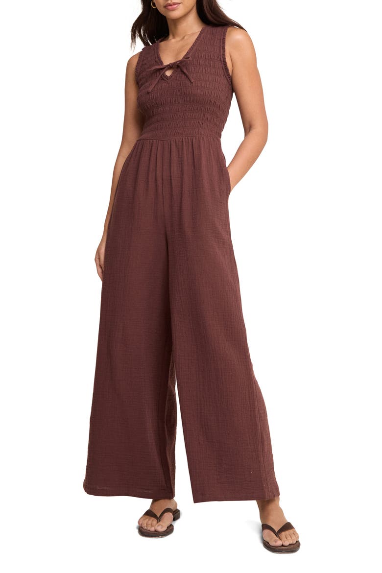Jayda Smocked Wide Leg Jumpsuit, Alternate, color, BROWN