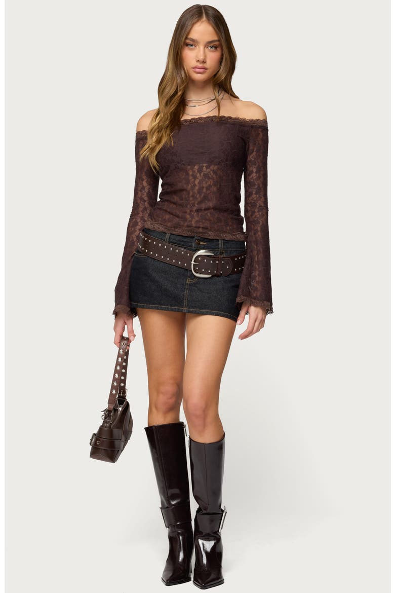 Off the Shoulder Sheer Lace Top, Alternate, color, BROWN