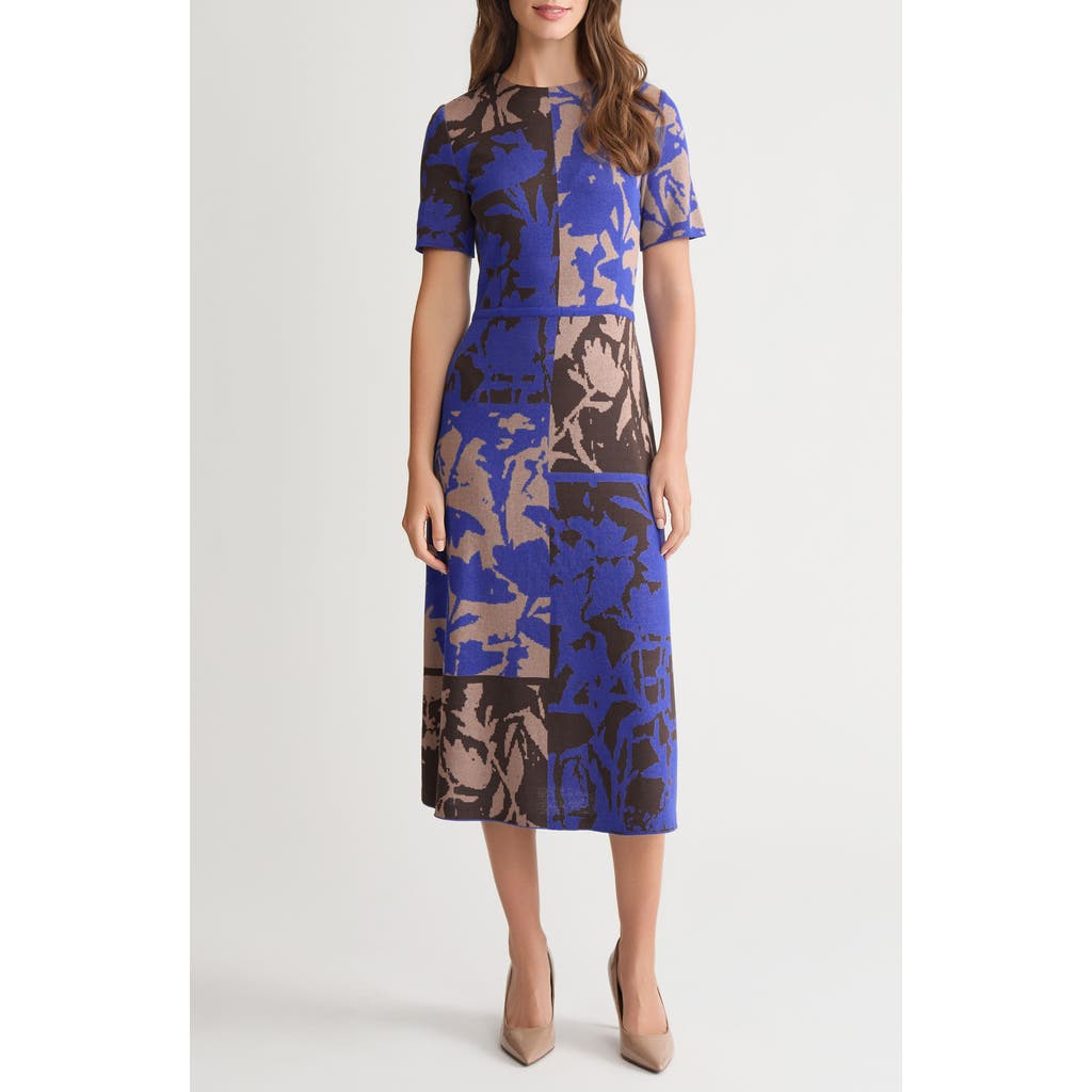 Ming Wang Floral Colorblock Knit Midi Dress In Blue