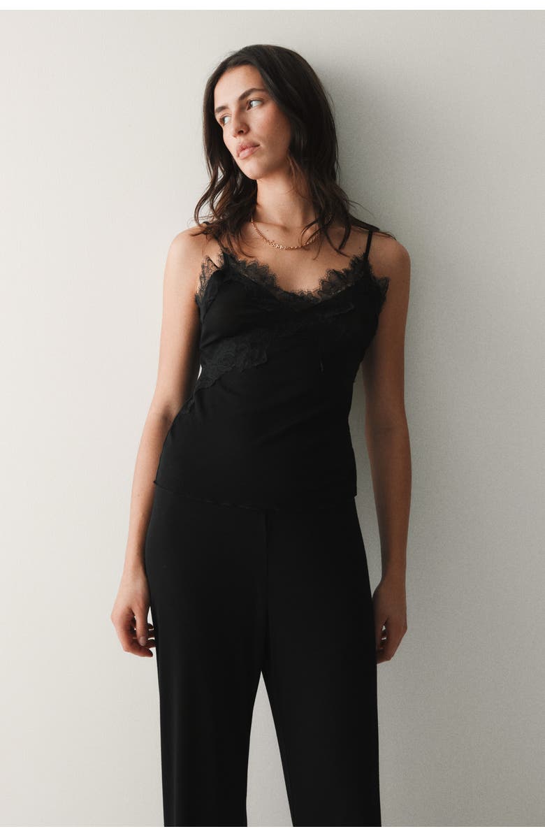 H&M Lace-trimmed Jersey Pyjamas, Alternate, color, Black