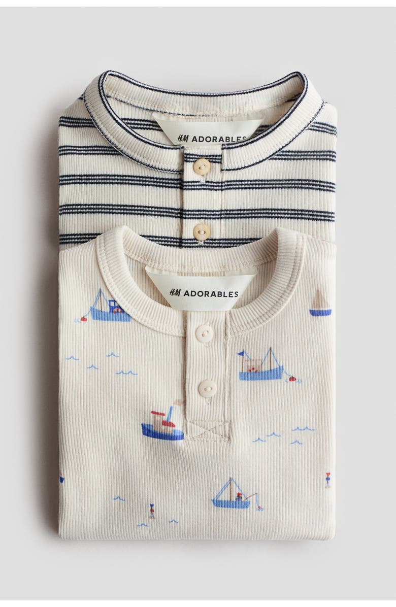 H&M 2-pack Cotton Henley Tops, Alternate, color, Light Beige/Boats