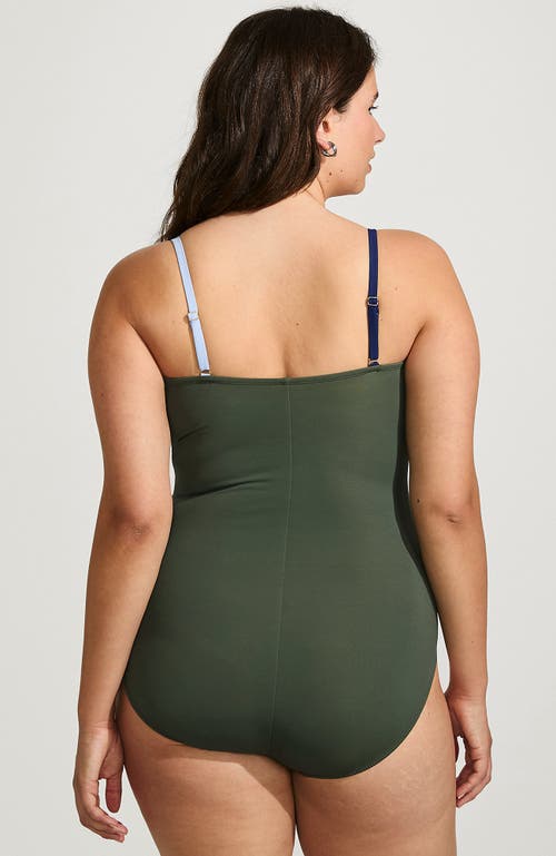 Lands' End Slender Suit Shine Bandeau Tummy Control Chlorine Resistant High Leg One Piece Swimsuit In Navy/cloud Blue/olive Green