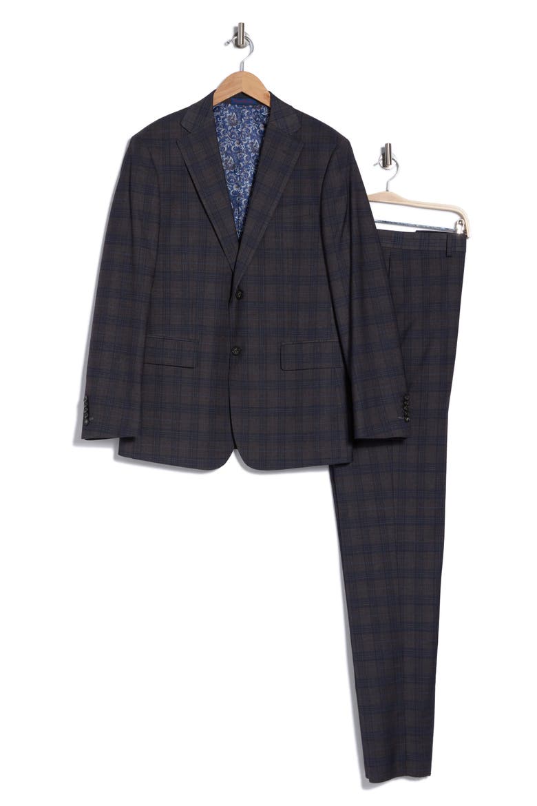 Plaid Trim Fit Notch Lapel Two-Piece Suit, Alternate, color, BROWN