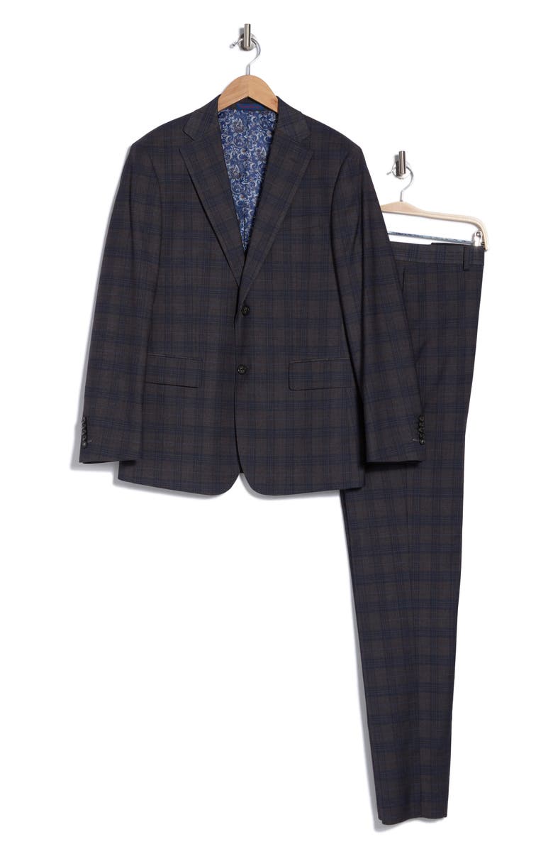 English Laundry Plaid Trim Fit Notch Lapel Two-Piece Suit, Alternate, color, Brown