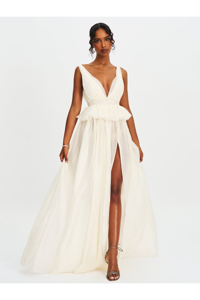 Calleigh Flare Beaded Belt Maxi Gown, Alternate, color, Silver-shiny off-white