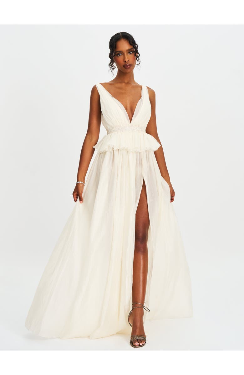 Miss Circle Calleigh Flare Beaded Belt Maxi Gown, Alternate, color, Silver-Shiny Off-White