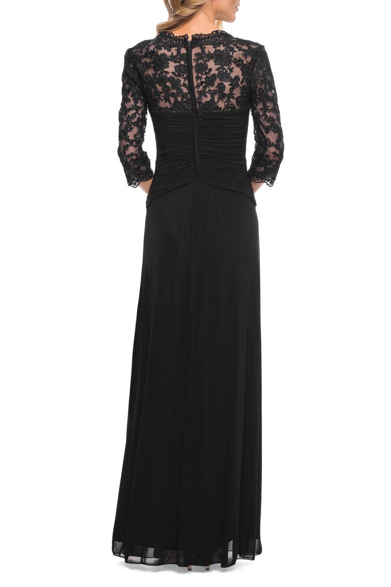Jersey Gown with Knot Detail and Lace Sleeves, Alternate, color, Black