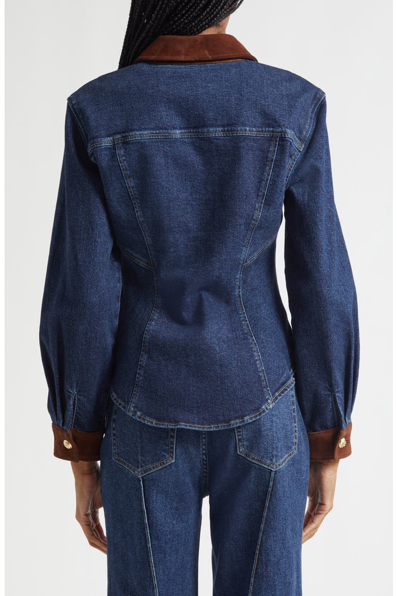 Suede Trim Denim Button-Up Shirt, Alternate, color, DARK SEPIA/ FONTAINE