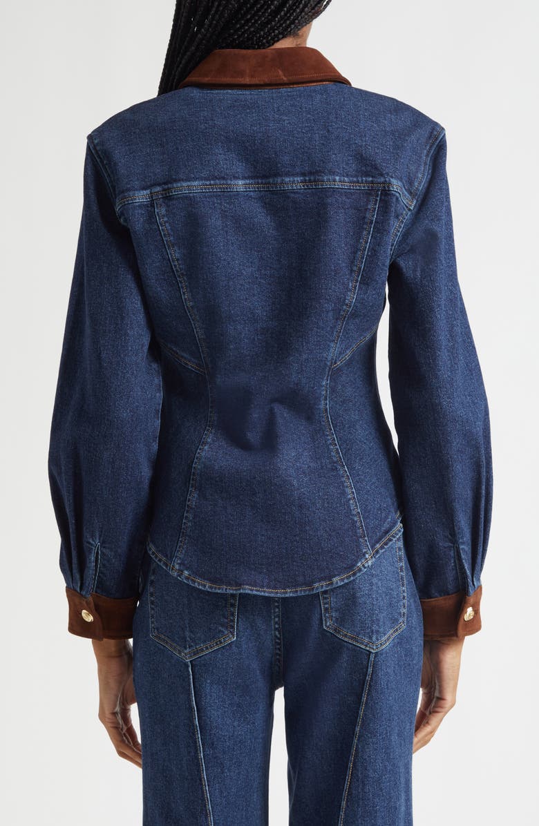 Cinq à Sept Suede Trim Denim Button-Up Shirt, Alternate, color, Dark Sepia/ Fontaine