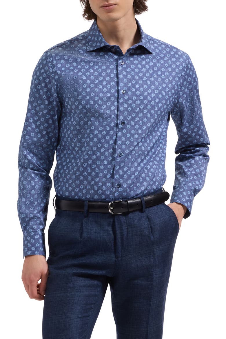 Axel Shaped Fit Floral Print Cotton Button-Up Shirt, Main, color, NAVY