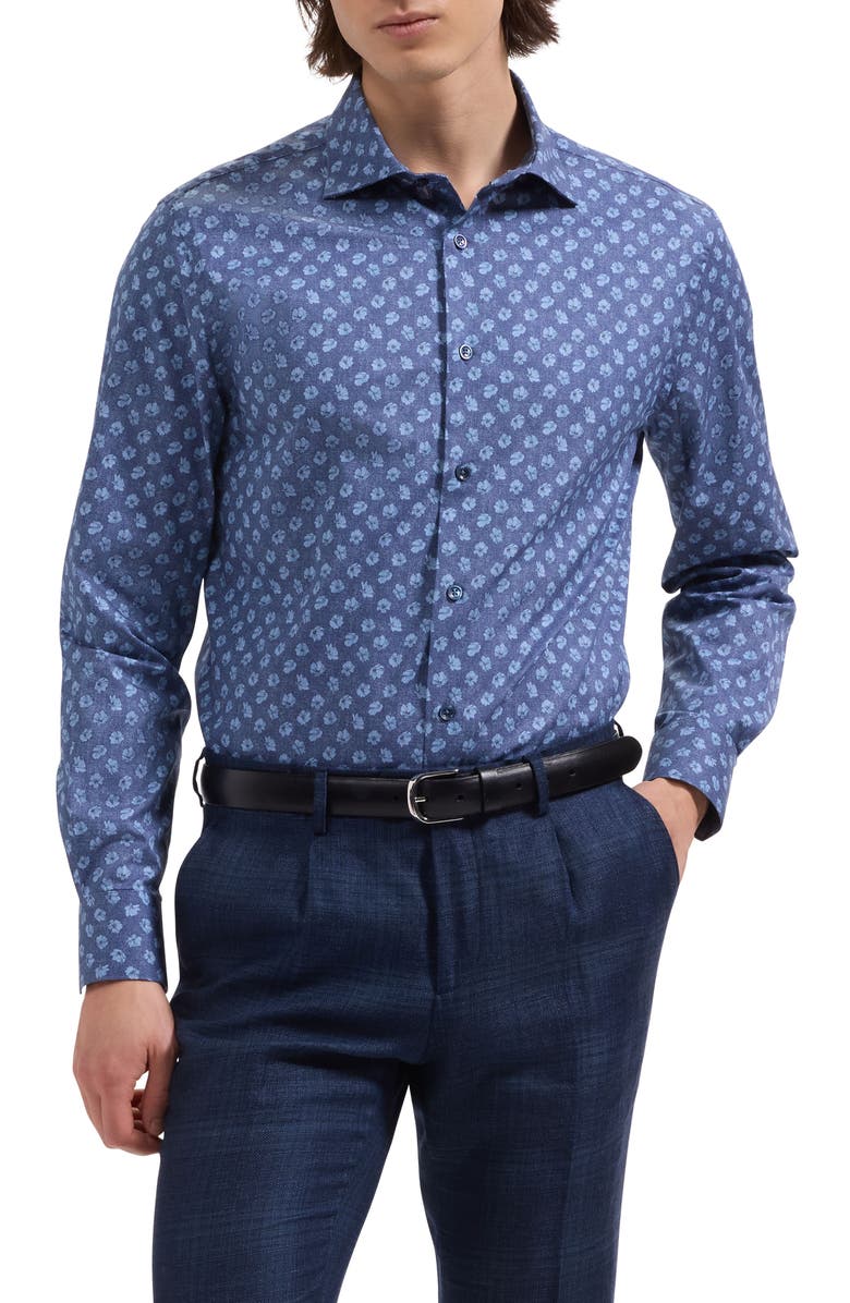 Bugatchi Axel Shaped Fit Floral Print Cotton Button-Up Shirt, Main, color, Navy