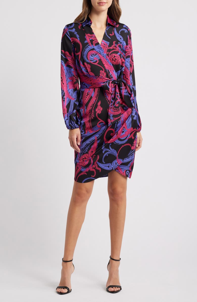 Tahari ASL Paisley Side Drape Long Sleeve Satin Dress, Main, color,