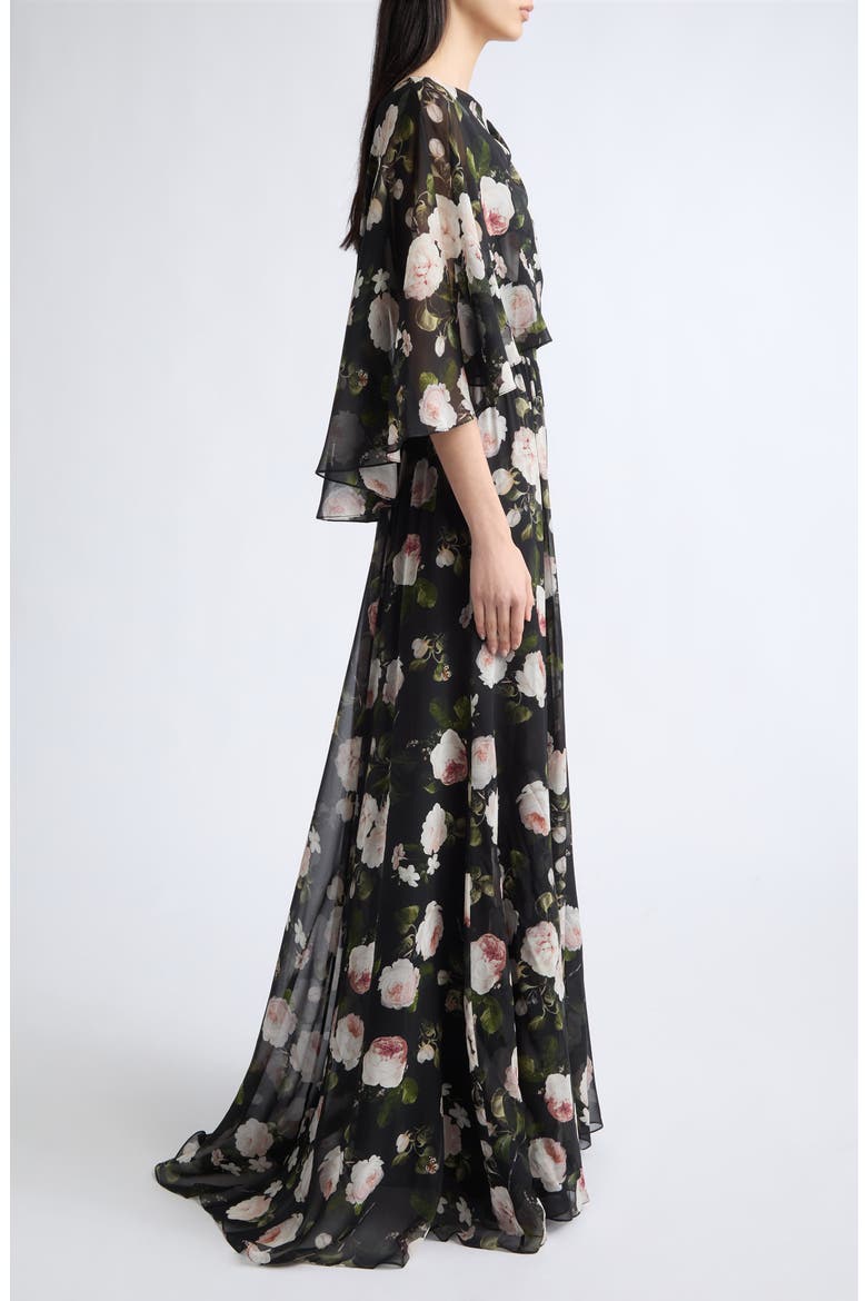 Floral Off the Shoulder Silk Chiffon Gown, Alternate, color, BLACK MULTI