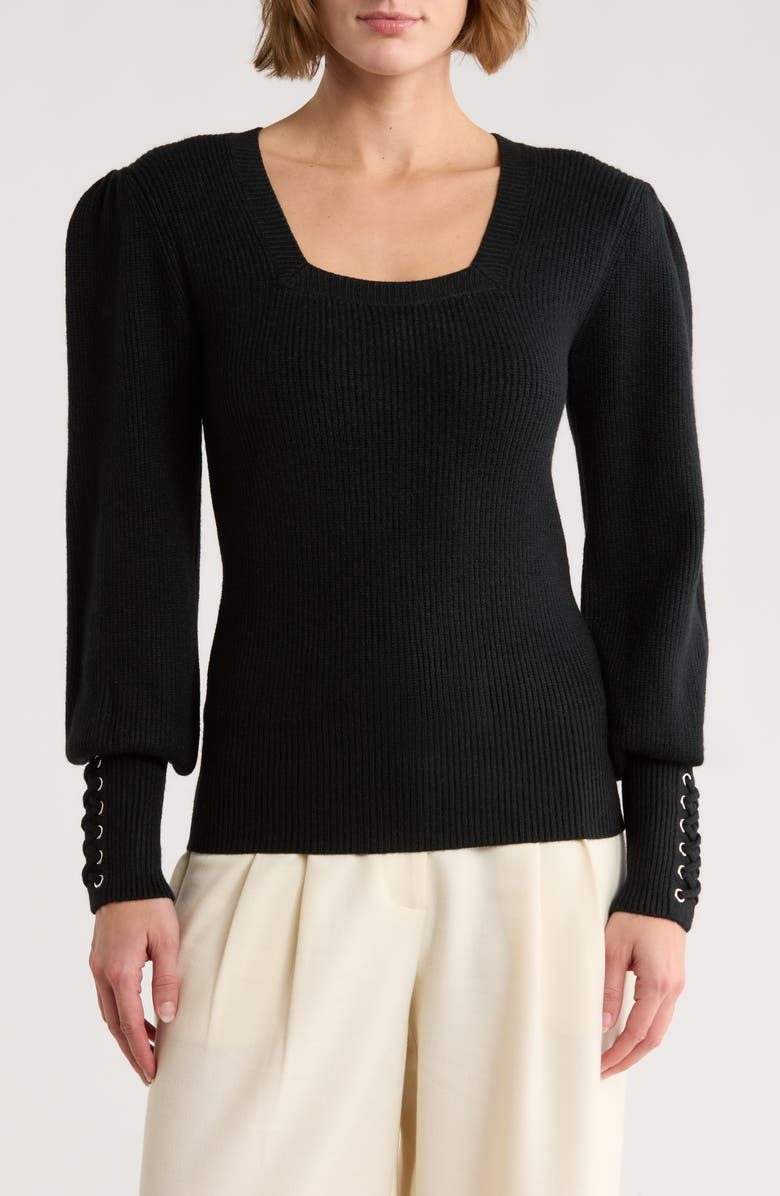 Love Token Whipstitch Sleeve Sweater, Main, color, Black