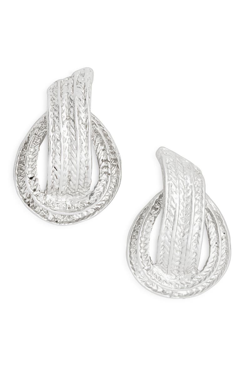 Etched Knot Stud Earrings, Main, color, SILVER