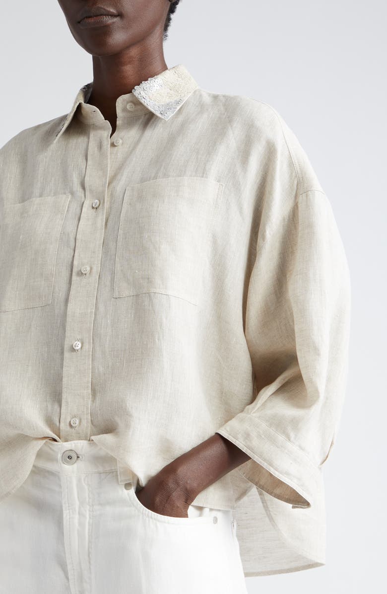 Brunello Cucinelli Bead & Sequin Embellished Collar Linen Button-Up Shirt, Alternate, color, 