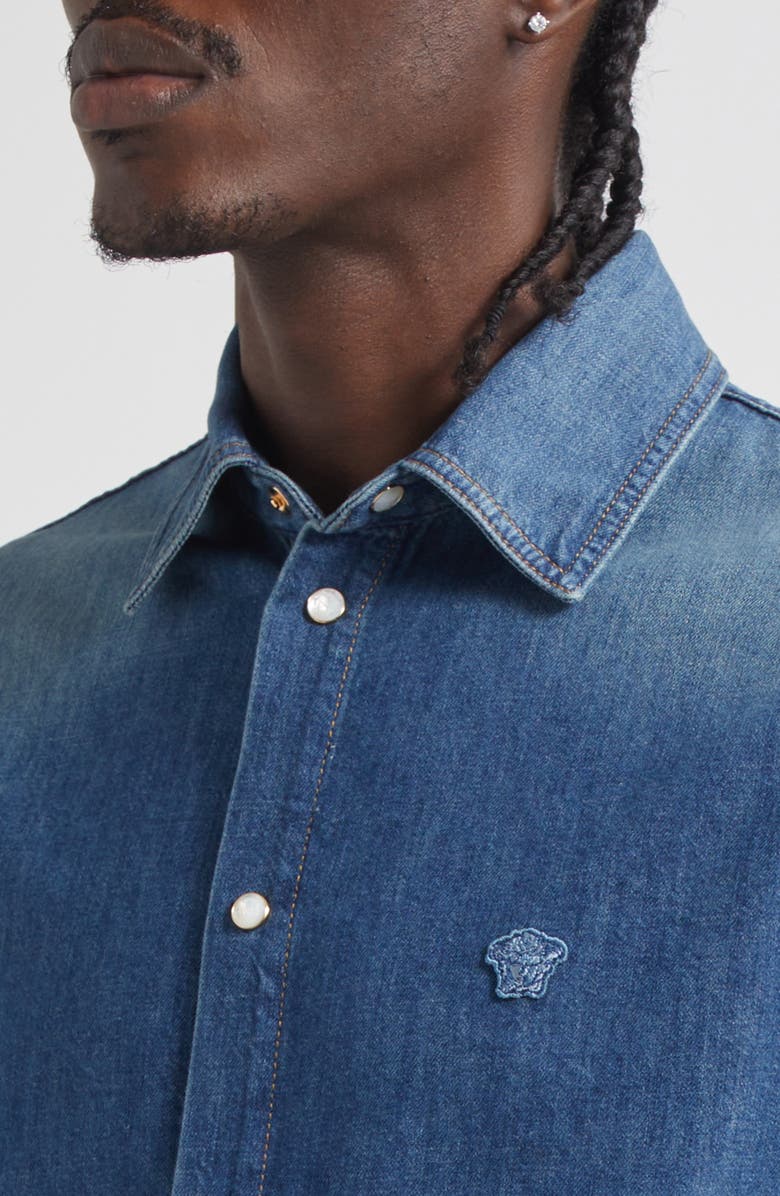 Versace Medusa Patch Denim Snap-Up Shirt, Alternate, color, Medium Blue