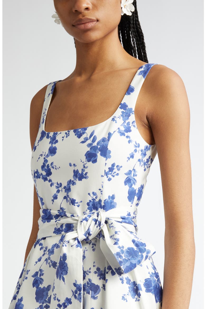 Floral Print Belted Faille Midi Dress, Alternate, color, WHITE MULTI