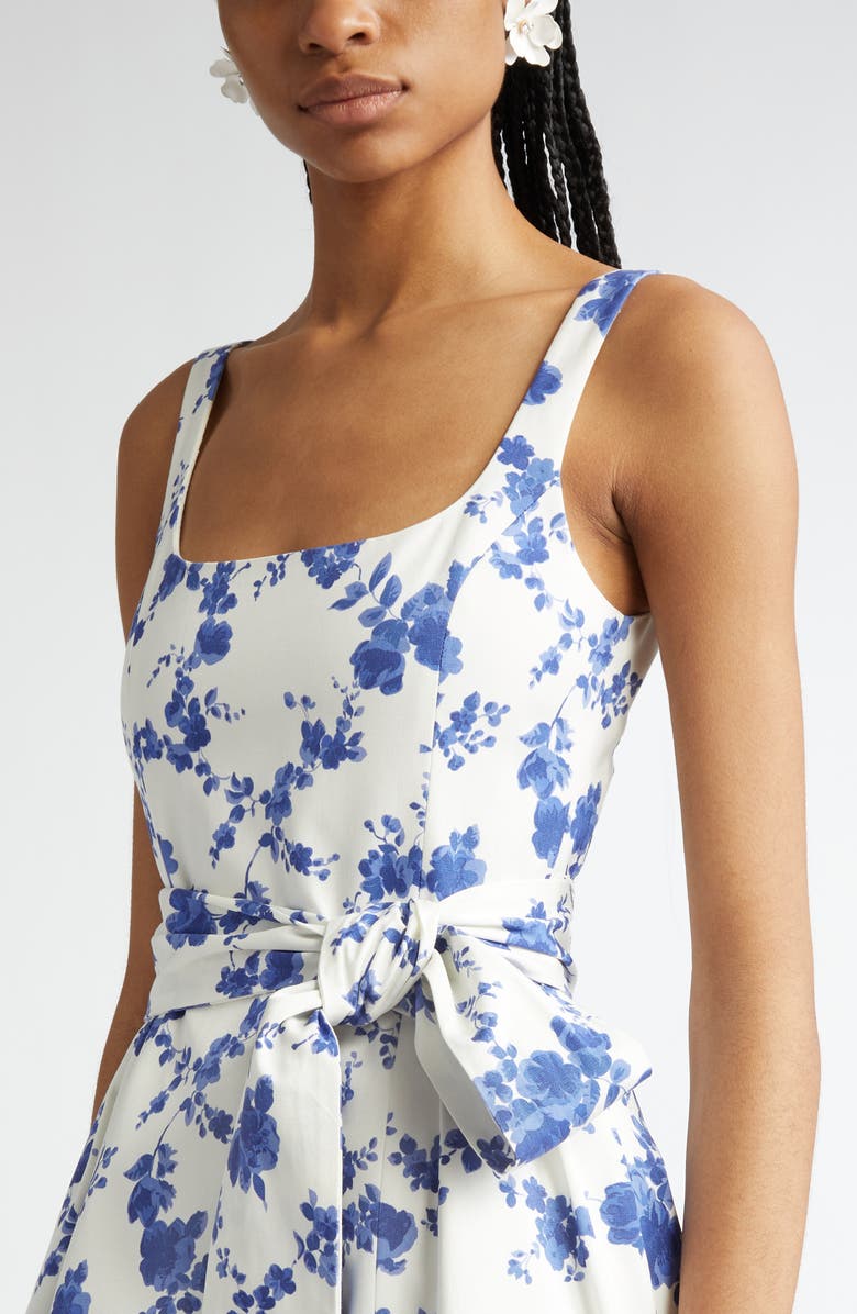 Carolina Herrera Floral Print Belted Faille Midi Dress, Alternate, color, White Multi