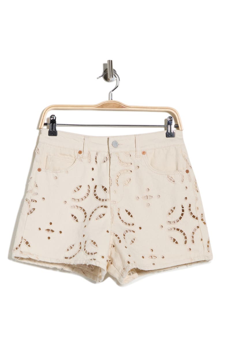 High Rise Eyelet Embroidered Denim Shorts, Alternate, color, DOUBLE CREAM